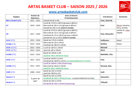 Planning Entrainements Saison 2025-2026